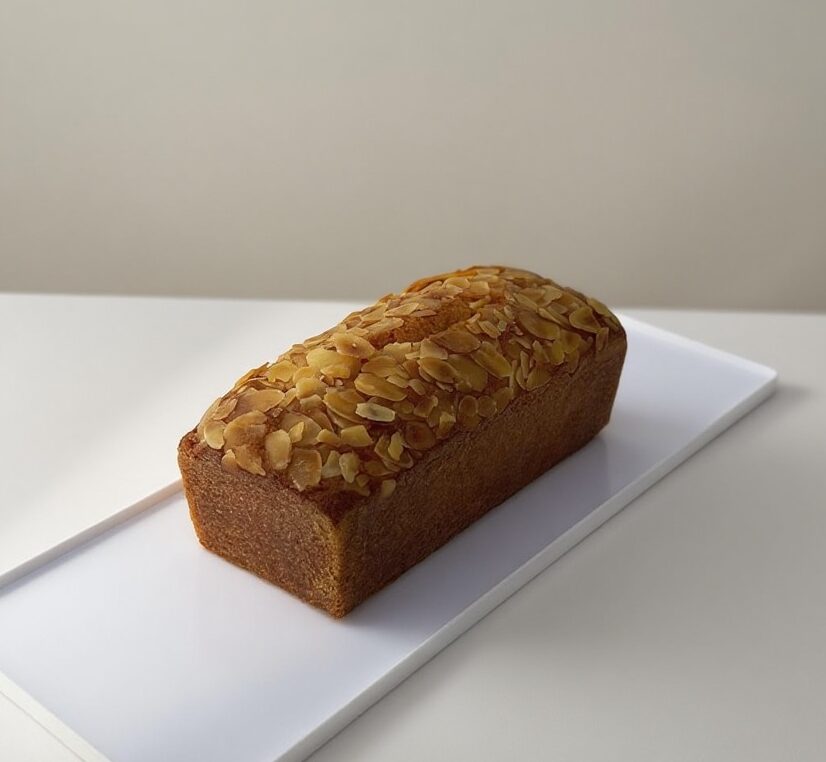 Orange Almond Butter Cake topped with orange zest and almond, sliced to show its moist and tender crumb.