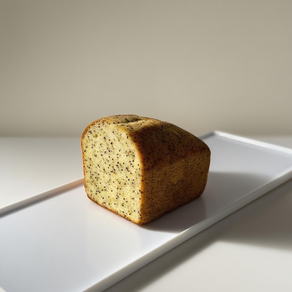 Lemon poppy seed butter cake with golden crust, topped with fresh lemon slices.