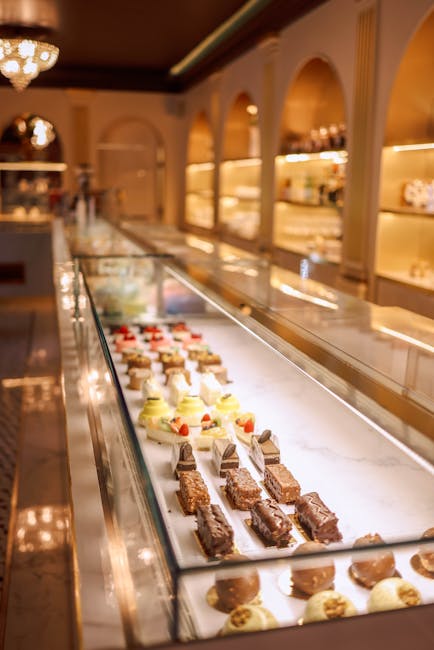 Elegant patisserie with a luxurious selection of gourmet desserts on display under warm lighting.