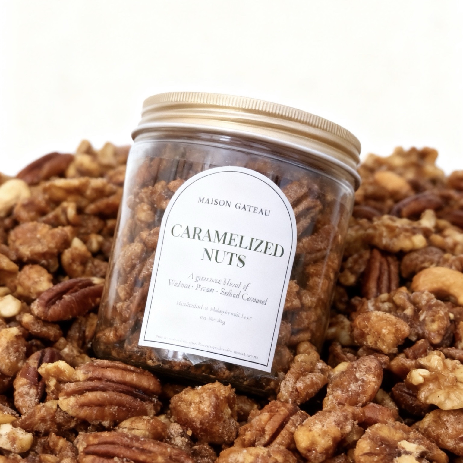 Caramelized walnuts and pecans in a gourmet snack bottle by Maison Gateau, handcrafted in Malaysia